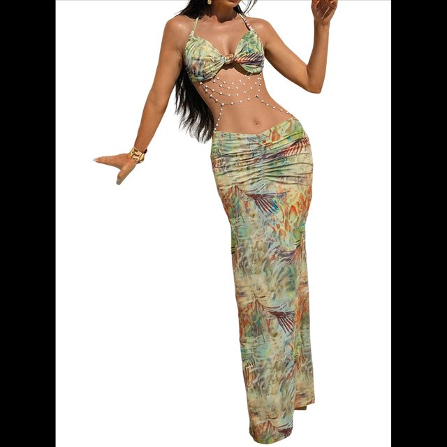 Vestido Maxi de Baño con Estampado Floral Triangular y Espalda Descubierta para Mujer Verde Oscuro L