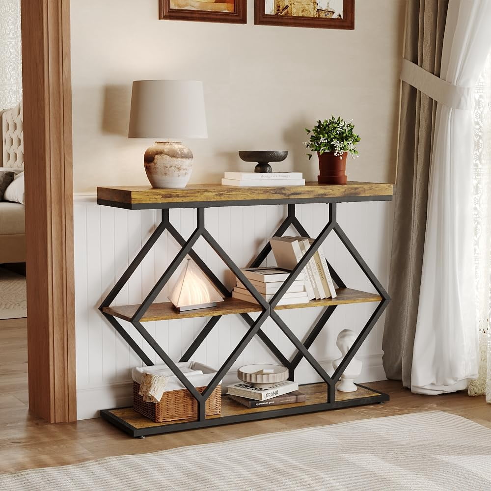 Litake 3-Tier Entryway Table, Industrial Console Sofa Table with Storage, Accent Table with Open Shelves, Diamond-Shaped Metal Frame, Foyer Table for Entryway, Hallway, Brown