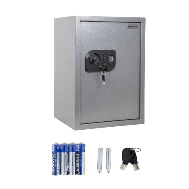caja fuerte biometrica super grande huella de seguridad gris Kingsman, vista frontal 3/4 de gabinete rectangular texturizado; panel negro con lector de huella, teclado PIN digital, pomo giratorio y dos llaves de emergencia colgando; accesorios abajo: 4 baterías AA y 2 pernos de anclaje. Medidas 35x31x50 cm, apertura por huella, PIN o llave, función silenciosa configurable, apta para montaje en pared, piso o armario; también suele usarse para guardar documentos y equipo electrónico portátil.
