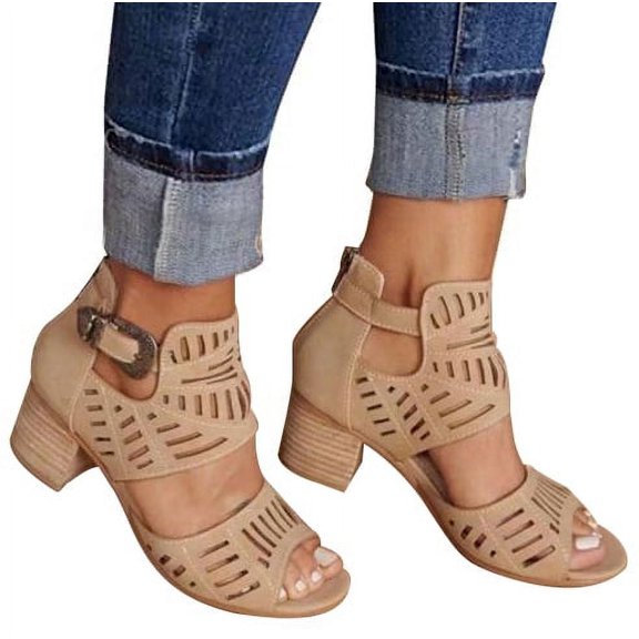 Women's Heeled Sandals Retro Roman Out Chunky Heels Fish Mouth Buckle Strap Large Size Block Heel Low Heel Dress Shoes