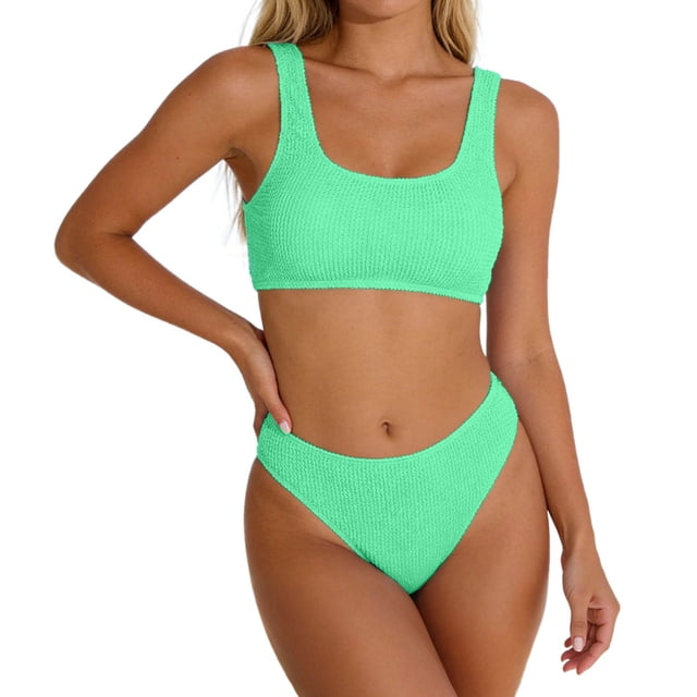 Rugged Ribbed Two Piece Bikini Set Featuring Wide Strap Top and Mid Waist Swimwear For All Seasons Beachwear