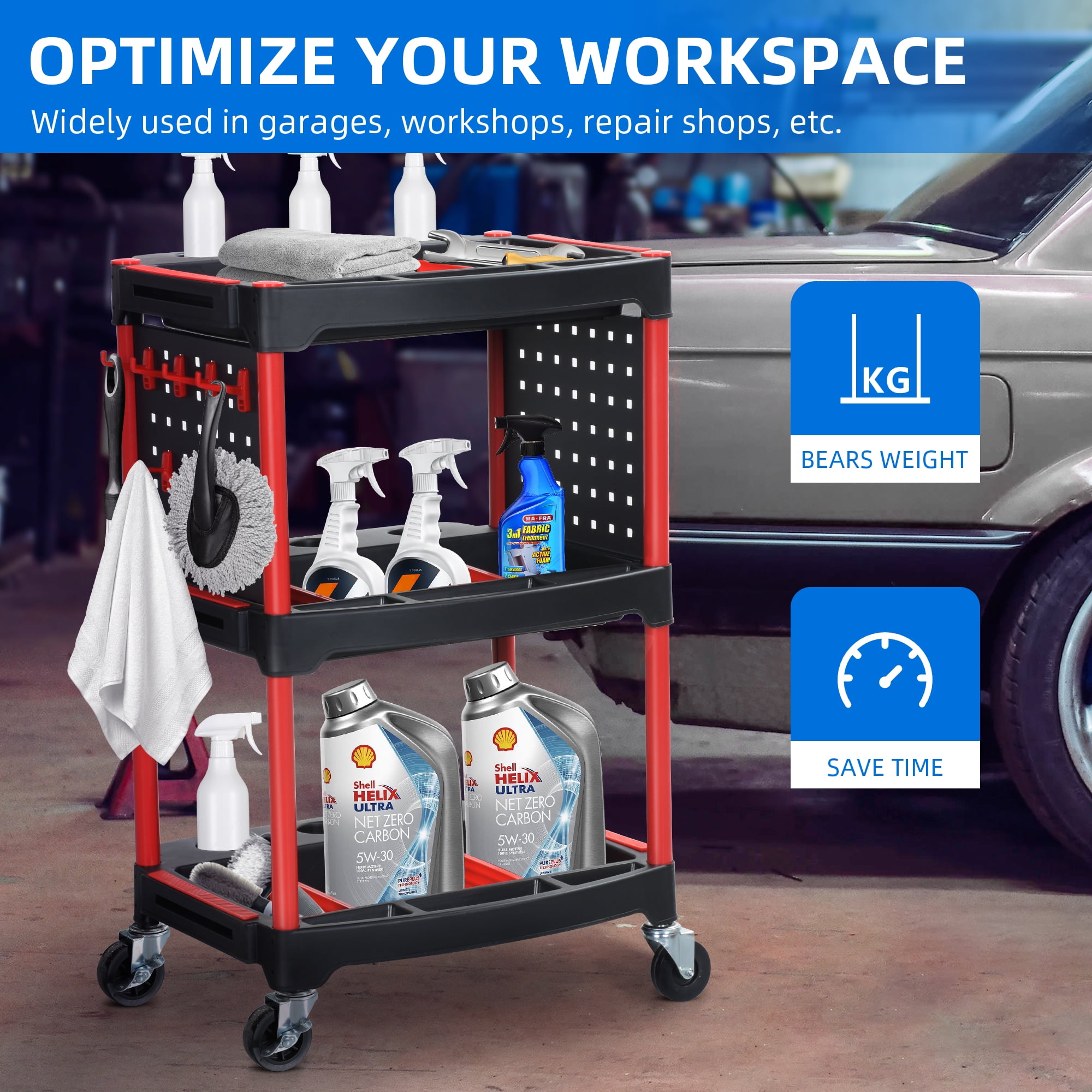 Uforic 3 Tier Rolling Detail Cart with Hanging Plate & Hooks, Car Wash Organizer Cart, Black