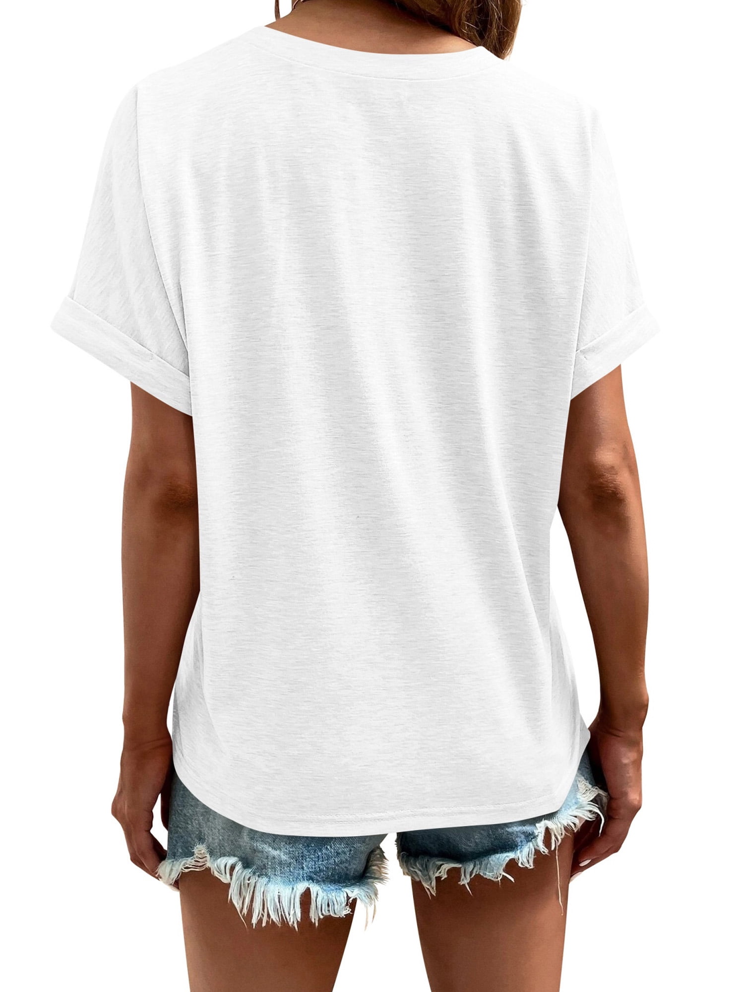 Liher Women V Neck Tshirts Casual Loose Tees Shirts Plain Solid Color Summer Tops Roll Short Sleeve Tunic Blouse White L