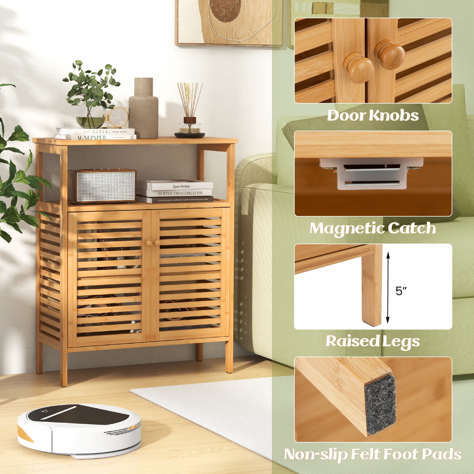 Giantex Bamboo Bathroom Cabinet, Storage Organizer w/Double Louvered Doors, Freestanding Floor Cabinet for Entryway, Kitchen