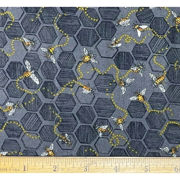 1 Fat Quarter - Bees on Gray Honeycomb Cotton Fabric - 21" X 18"