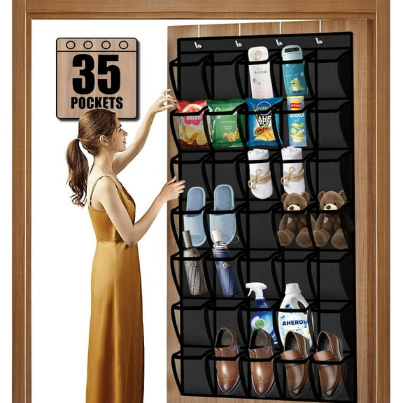 Over the Door Shoe Organizer, 35 Pockets Mesh Shoe Organizer Door Hanger, Large Hanging Shoe Rack Holds Up to 40 lbs, Closet Shoe Behind Door Shoe Rack, Gray Durable Shoe Storage Hanging Bag