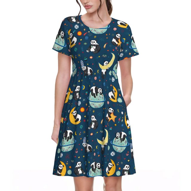 Easygdp Space Sleeping Panda para Vestido Transpirable de Mujer, Vestido Suelto de Manga Corta con Pliegues y Bolsillos para el Verano