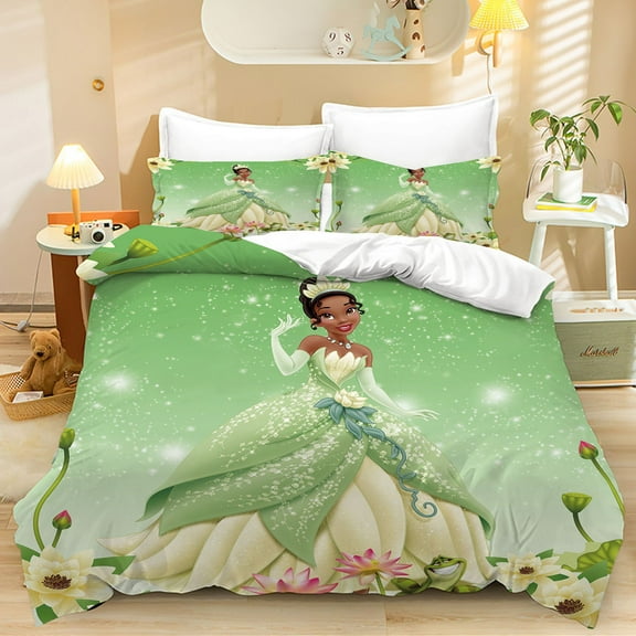 The Princess and The Frog Duvet Cover 3 Piece Bed Set Includes Comforter Cover & Pillowcases Set Tiana Duvet Cover Set for Boys Girls, Super Cute Microfiber (no Comforter)