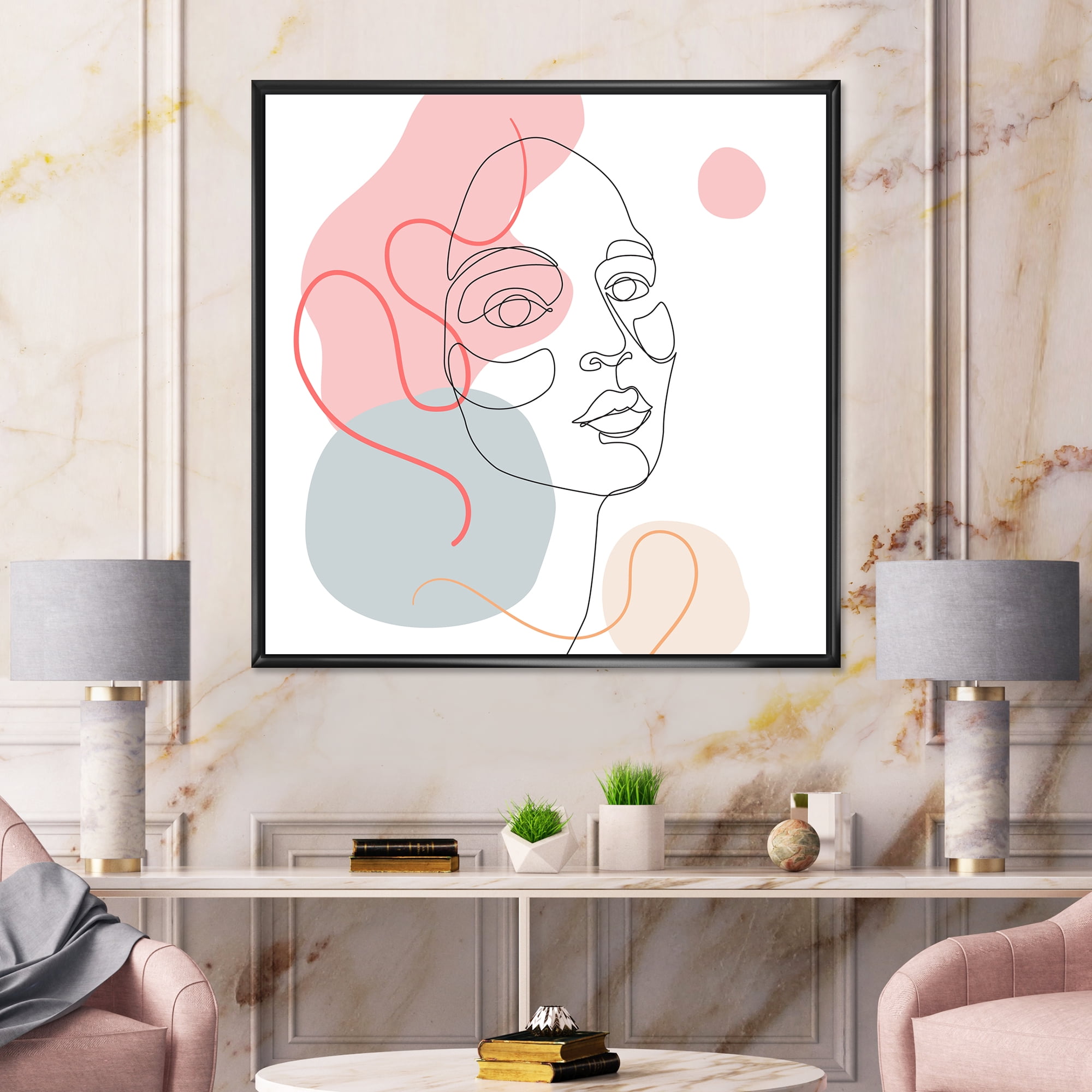 Designart 'One Line Drawing of Young Girl In Pastel Tones' Modern Framed Canvas Wall Art Print