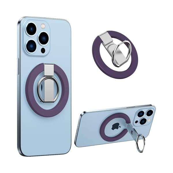 wonima11 Magnetic Phone Ring Holder for MagSafe, Double Ring Magnet Grip Stand with Adjustable Finger Kickstand for Women for iPhone 16 15 14 13 12 Pro Max Plus SF Purple