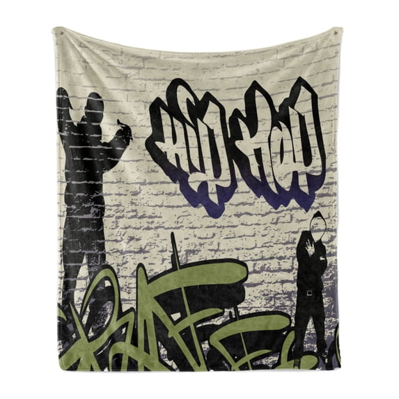 Hip Hop Soft Flannel Fleece Throw Blanket, Underground Hip Hop Grafitti Art on Building Walls Theme Grungy Background Print, Cozy Plush for Indoor and Outdoor Use, 50" x 60", Multicolor, by Ambesonne