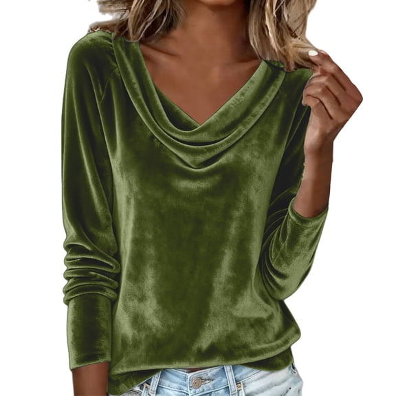 Dyfzdhu Long Sleeve Shirts For Women Velvet Shirts For Cowl Neck Pleated Tops Elegant Fall Ruched Long Sleeve Blouse Womens Blouses