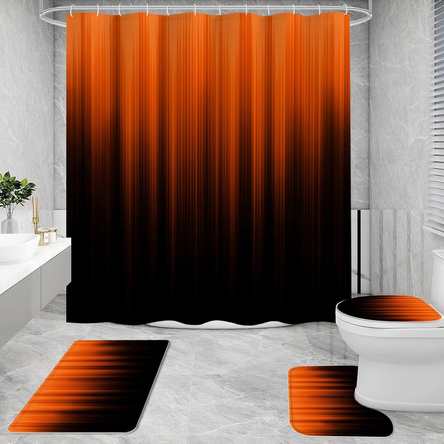 Red and Black Gradient Shower Curtain Set with Rugs and Toilet Lid Cover, Modern Simple Waterproof Fabric Bathroom Set, Ombre Stripe Gothic Abstract Bathroom Decor Set Accessories