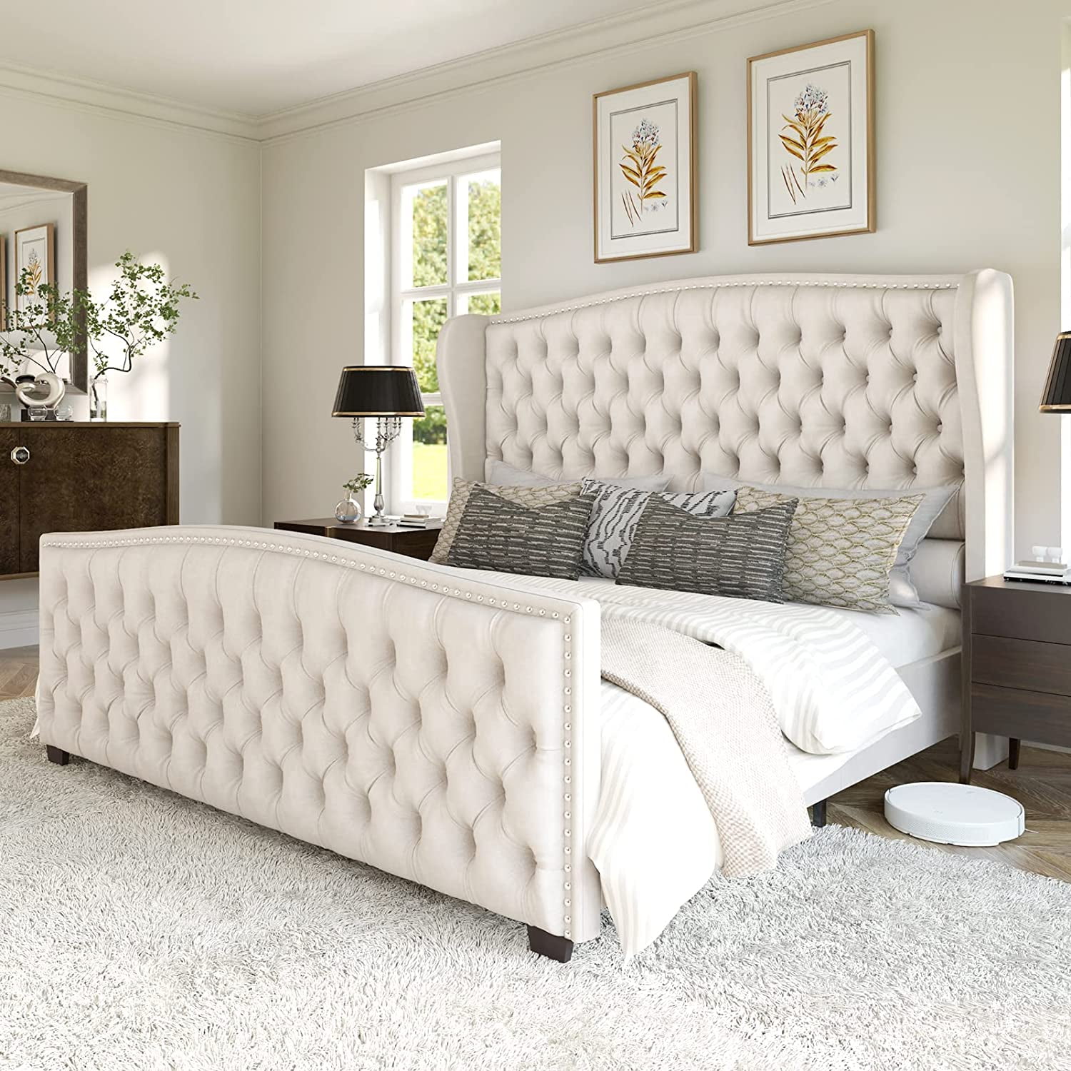 Amerlife Queen Size Platform Bed Frame Velvet Upholstered Bed With Deep Button Tufted