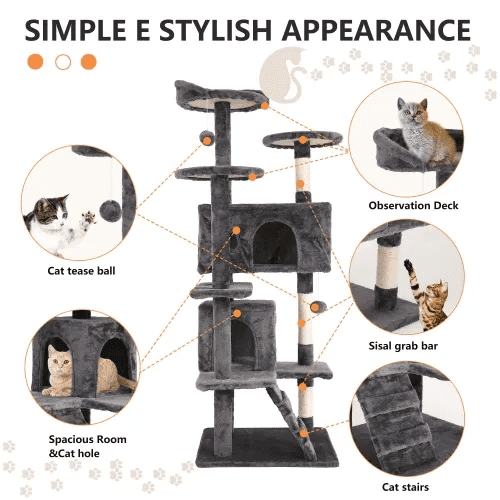 BORGEBY 54in Cat Tree Tower for Indoor Cats，Multi-Level Pet Furniture with Sisal Scratching Post, Large Cozy Condo, Climbing Ramp, Kitten Toy（Light Gray）