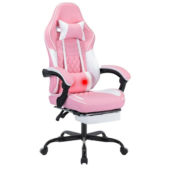 Ergonomic Gaming Chair with Massage Lumbar Support & Footrest Adjustable Headrest & 90° Recline for Adults | Pink White