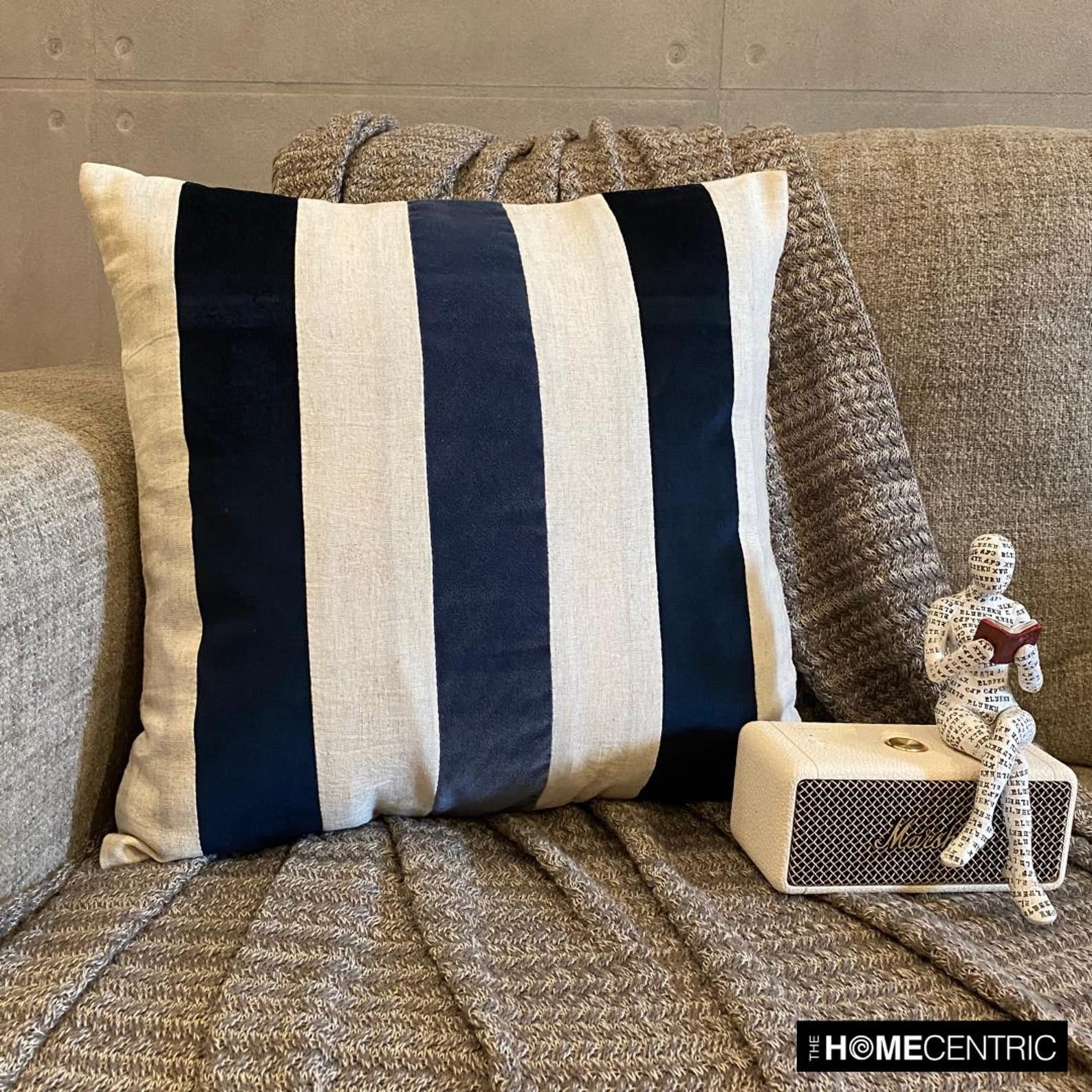 The HomeCentric Decorative Throw Pillow cover Navy 26"x26" (65x65 cm) Velvet & Linen Patchwork, Striped Pillowcases, Striped Modern Style - Velvet Band Navy