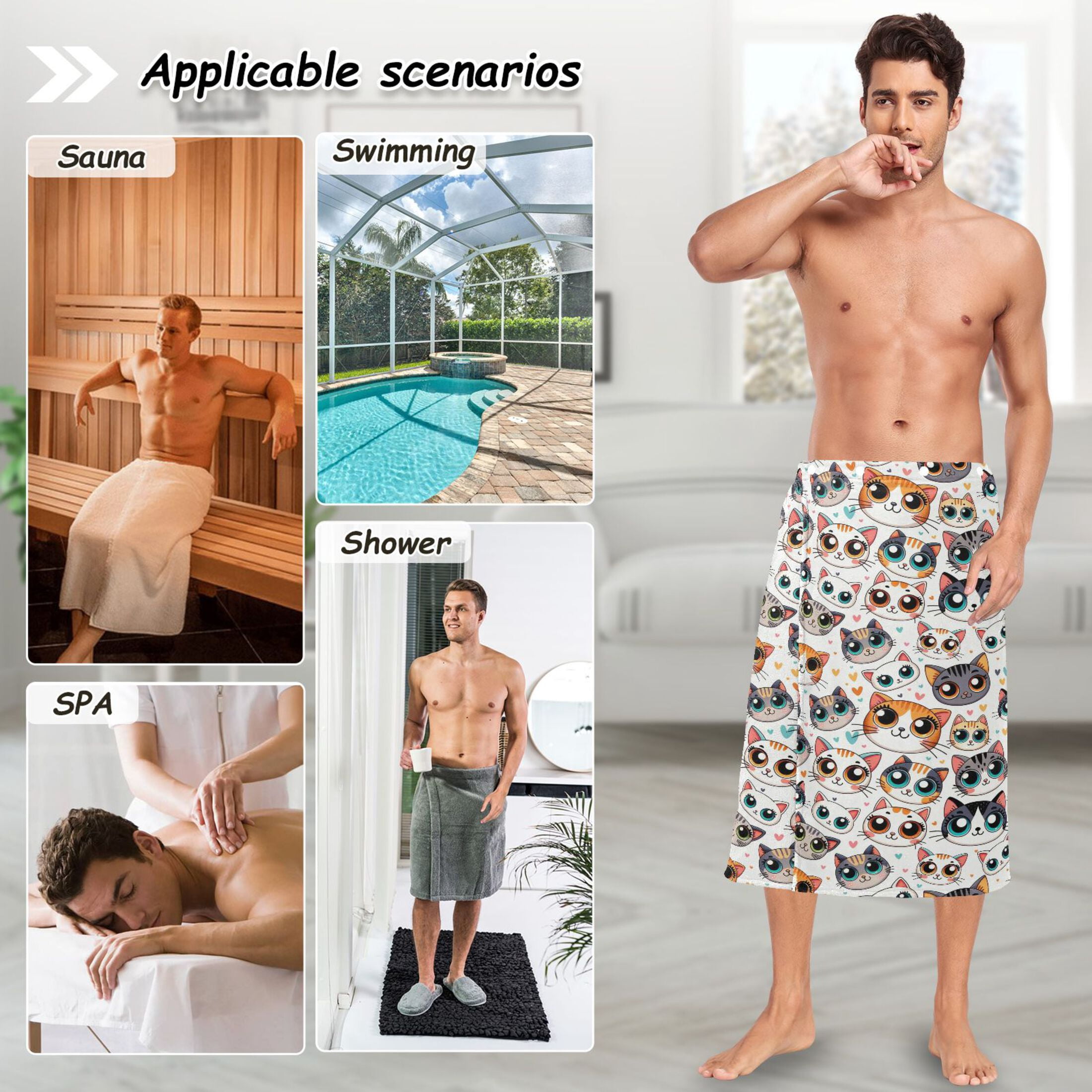 Mens Shower Wrap Adjustable Bath Wrap Towel Body Towels for Gym Shower Sauna Spa Cartoon Cat Face with Big Eye 60x28