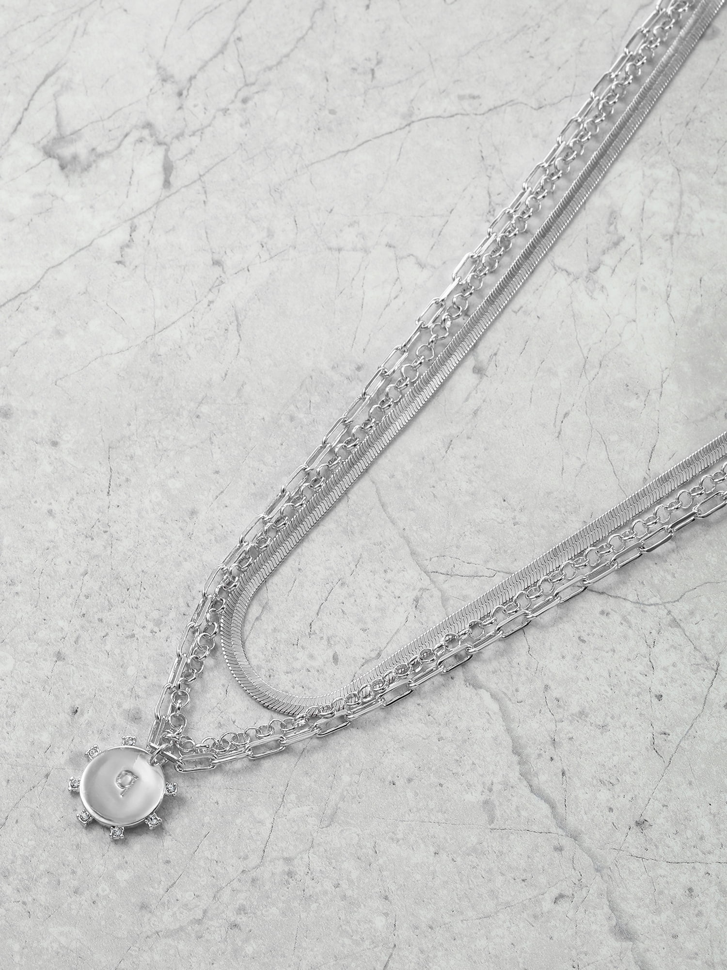Time and Tru Silvertone Necklace, 3 Piece, Initial Q