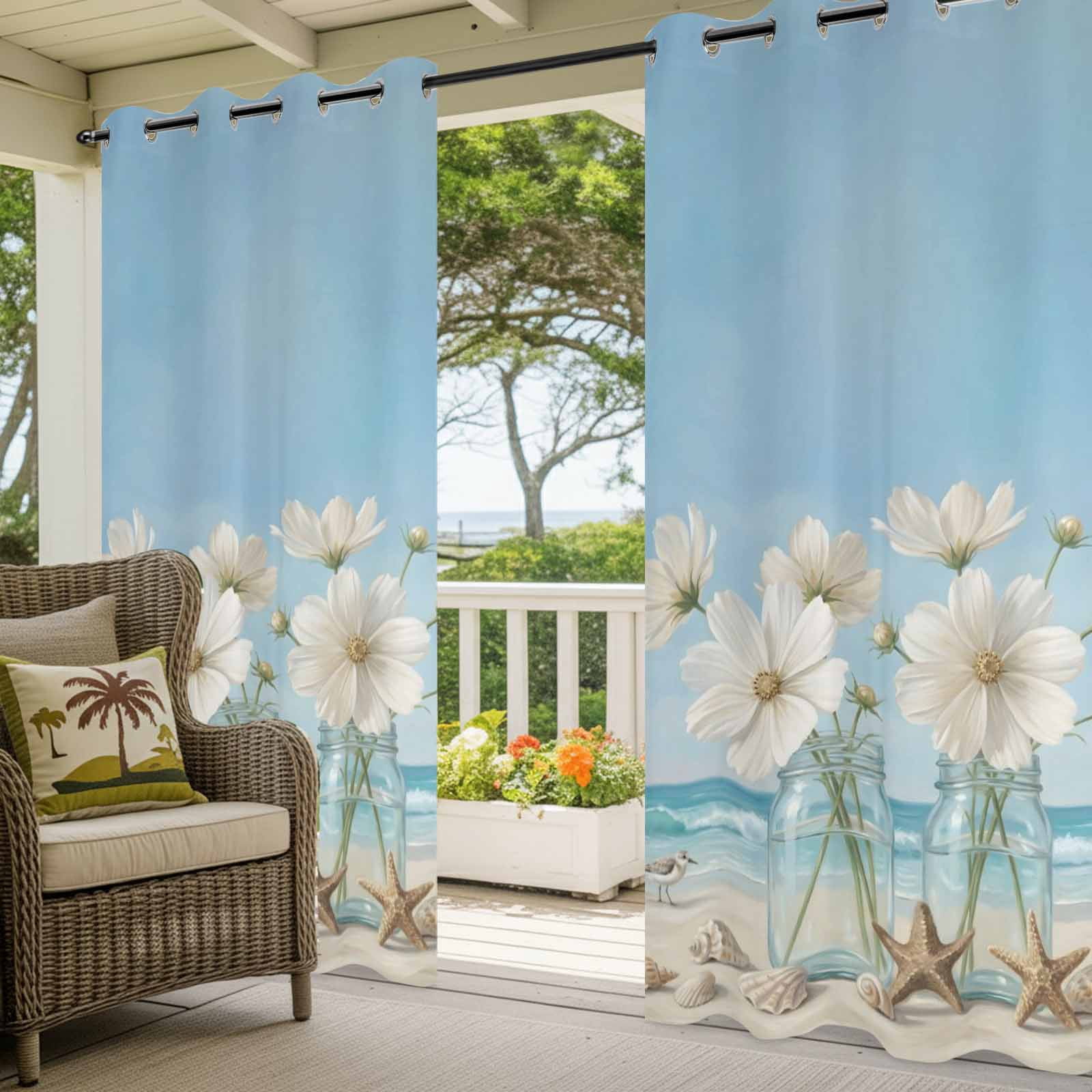 Coastal Scenery Outdoor Curtains for Patio, Summer Flowers Jars Starfish Beach Sunshade Privacy Drapes Grommet Waterproof Outside Curtains for Porch/Cabana/Balcony 54"x 108", 1 Panel