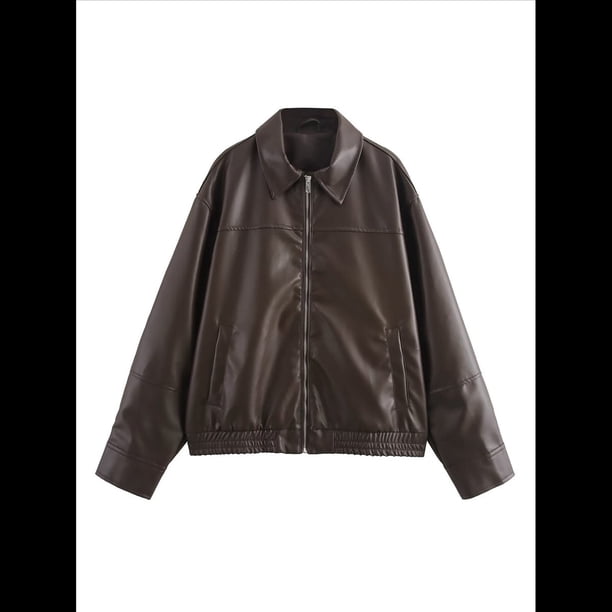 Chaquetas de para Mujer, Abrigos de Motociclista de Imitación de Gran Tamaño, Ropa de Moda para Otoño Café M