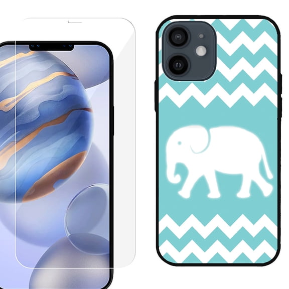 Slim-Fit Protective Phone Case (Black) compatible with iPhone 12 / iPhone 12 Pro, with Tempered Glass Screen Protector, by OneToughShield ® - Chevron/Teal/Elephant