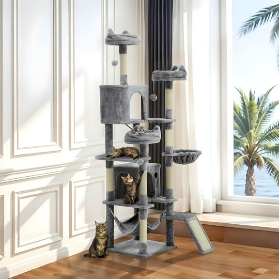 Dextrus 75" Tall Cat Tree for Large Cats, Multi-Level Play Tower Condo with Sisal Ramp Scratching Post & Hammocks, Light Gray