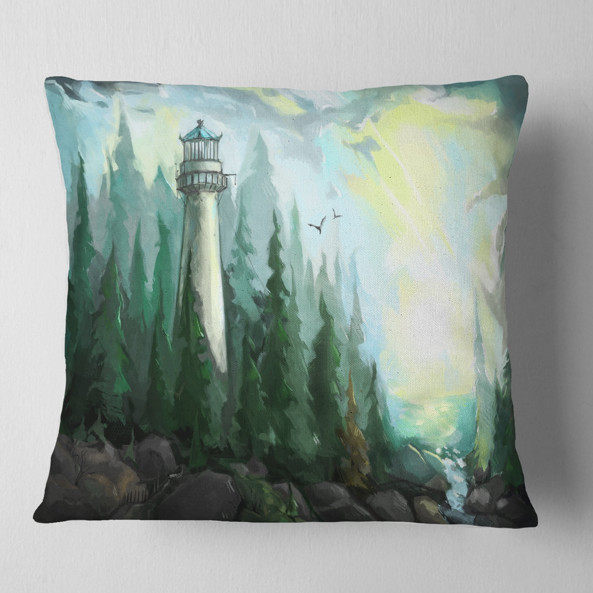 Designart Landscape with River and Trees - Modern Painting Throw Pillow - 18x18