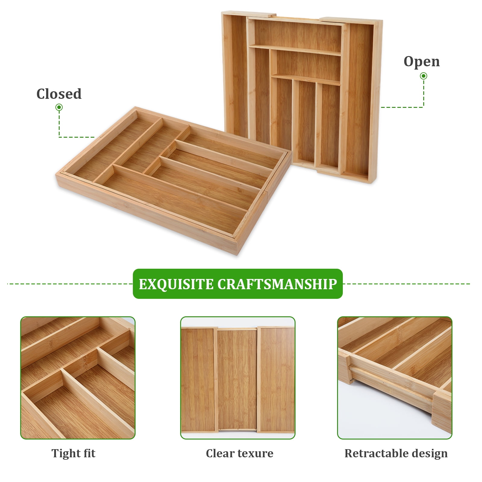 KitchenTrend 8 Slots Expandable Silverware Drawer Organizer, Adjustable Bamboo Kitchen Organizers and Storage