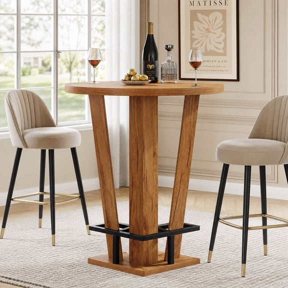 Fnova 39.4" Industrial High Top Bistro Pub Table with Metal Footrest, Round Bar Table, Brown