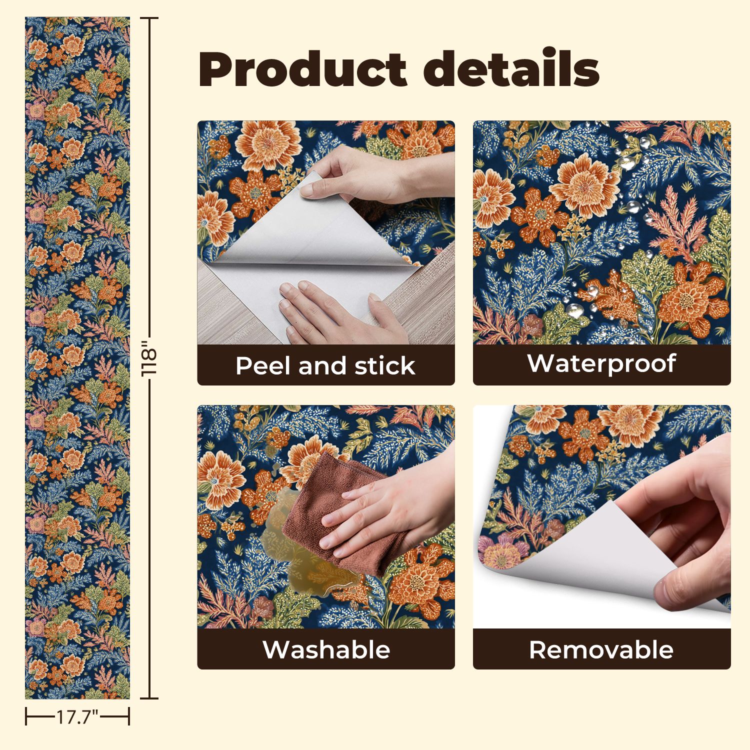 Vintage Peel and Stick Wallpaper Floral Orange Pink Flowers Dark Blue Wall Mural 17.7in x 9.8ft Self Adhesive Removable Wall Paper Renter Friendly Wallpaper for Nursery Bedroom Cabinets