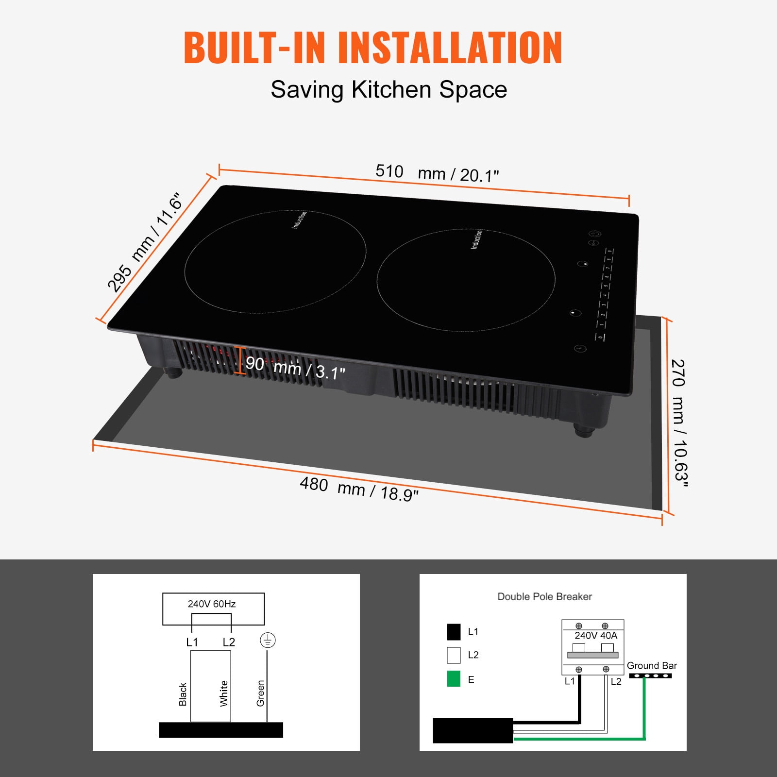 SKYSHALO 12" Electric Cooktop, 1800W 2 Burners Ceramic Glass Stove Top Touch Control Built-in Magnetic Cooktop w/ 9 Heating Level Child Lock & Over-Temperature Protection