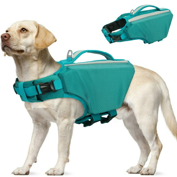 Kuoser Dog Life Jacket, Reflective and Adjustable Life Vest for Small Medium Large Dogs, Green, L