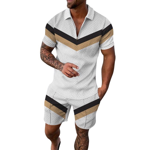 toraway Men's Sets 2 Piece Outfits Orange Casual Male Casual Striped Gradient Ramp Print Two Piece Suit Zipper Short Sleeve Top Blouse Suit Drawstring Pocket Short Set M