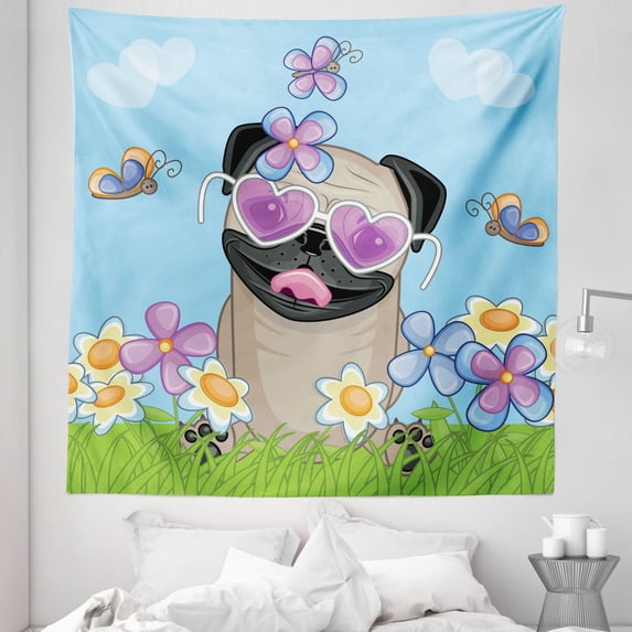Pug Tapestry, Puppy on the Field Flowers Butterflies Heart Shaped Clouds Open Sky, Fabric Wall Hanging Decor for Bedroom Living Room Dorm, 5 Sizes, Sky Blue Multicolor, by Ambesonne