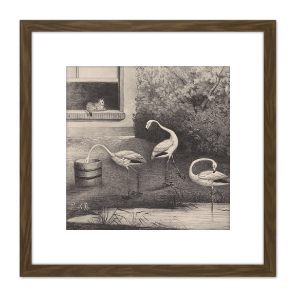 Van Der Beek Three Flamingos Window Cat Drawing 8X8 Inch Square Wooden Framed Wall Art Print Picture with Mount