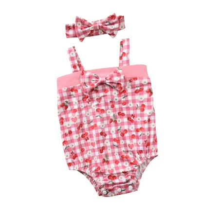 

Baby Girls Bodysuits Infantuspenders Plaid Floral Print Bodysuit Romper+Headband