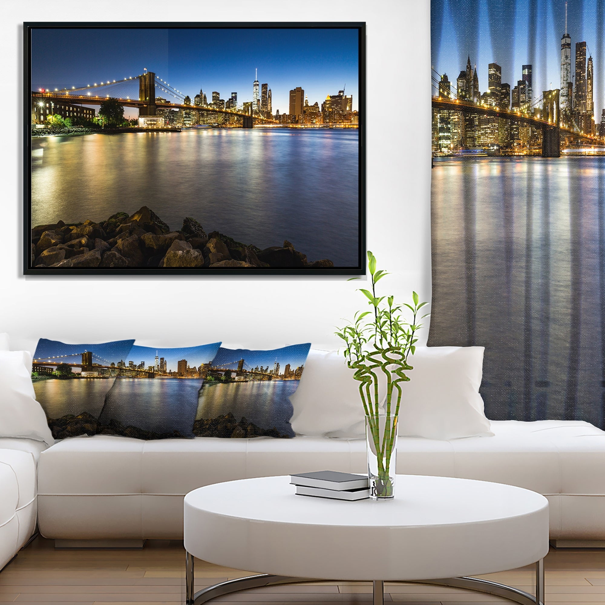 Design Art Distant View of Brooklyn Bridge Framed Canvas Art Print