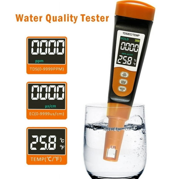 Water Quality Tester, 3 in 1 TDS Meter, EC Meter & Temperature Meter, 0-9990ppm Measurement Range, Digital Water Tester for Drinking Water, Aquariums, Farming, Pools