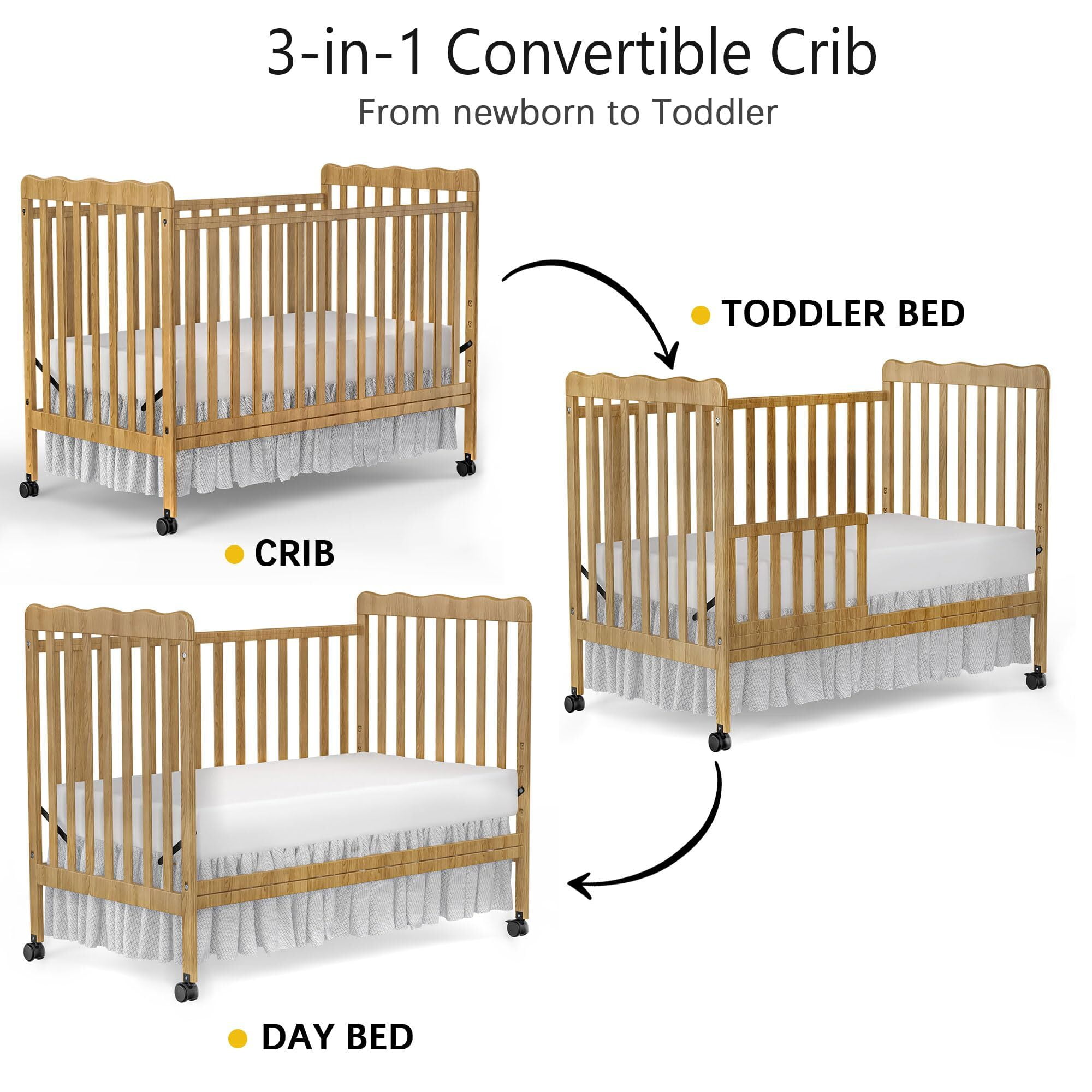 Baby Convertible Crib 3 In 1, Converts from Baby Crib to Toddler Bed, New Zealand Pinewood Baby Bed with Locking Wheels and Teething Rail, Crib with 4 Height Adjustment and Non Toxic Finish, Natural