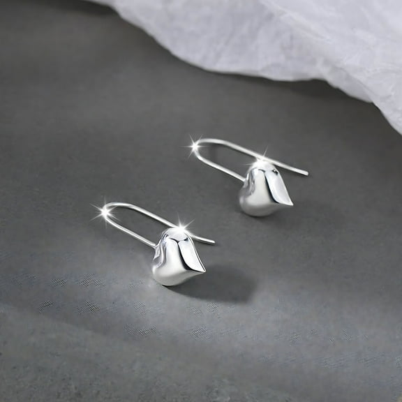Solid 925 Sterling Silver Heart Drop Earrings, Dainty Dangle Ear Hooks for Women & Teens, Hypoallergenic Lightweight Everyday Earrings, Elegant Gift in Gift Box, 1.1x1.2cm Heart