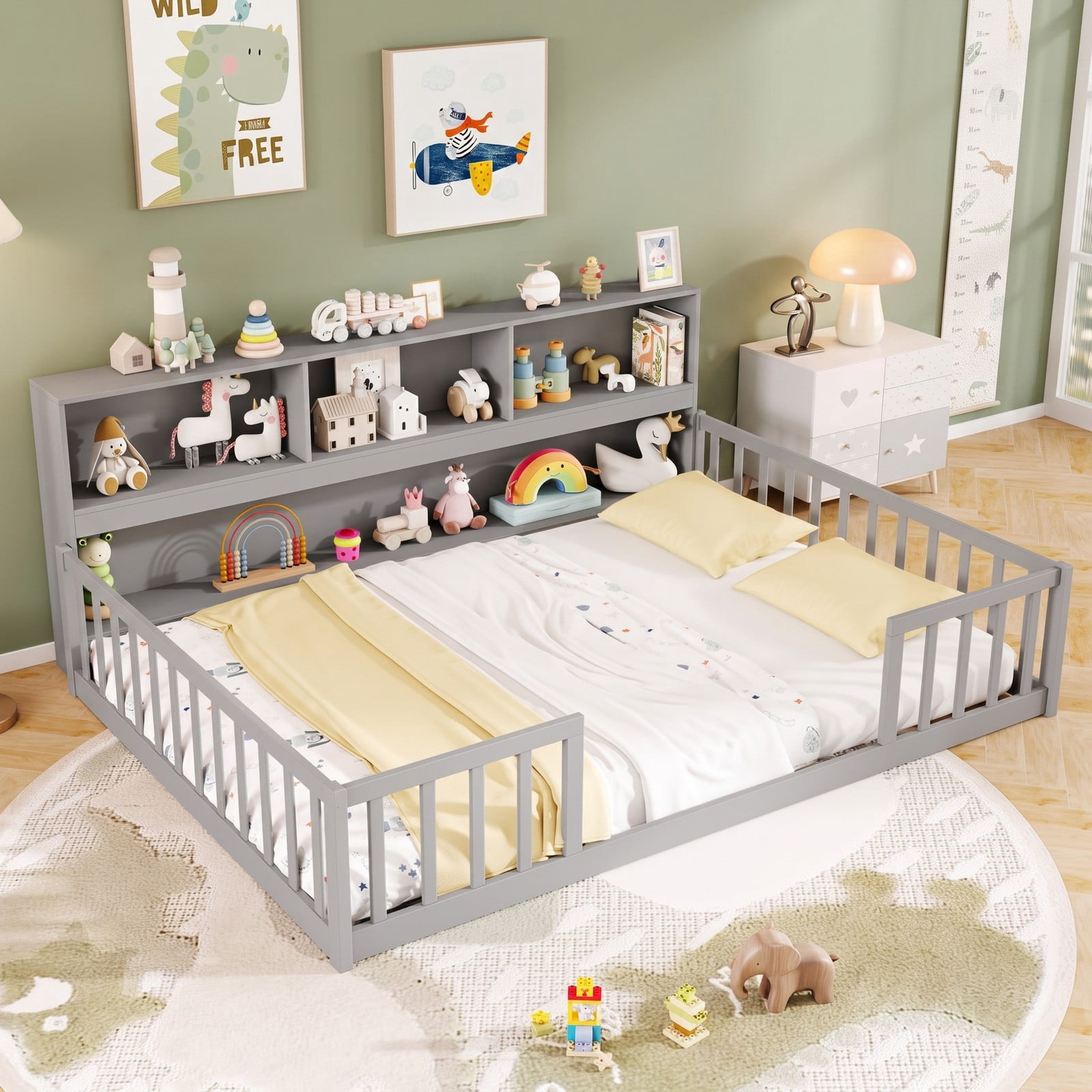 Furnibear Full Size Bed Frame Montessori Floor Bed with Bookcase Headboard and Full Length Fence Rails for Kids Bedroom, Gray
