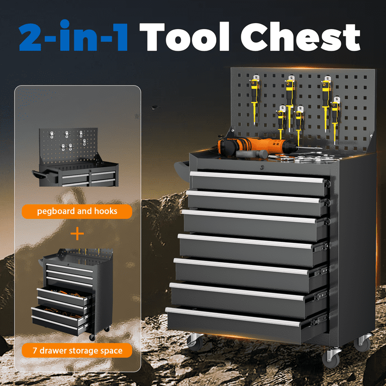 SUNCROWN 7-Drawer Metal Tool Chest with Pegboard, Rolling Tool