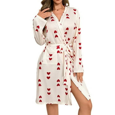 Tnhcen Women's Long Sleeve Sleep Robe Heart Print Loungewear Pocket Home Wear All Season Comfortable Soft M-2XL Red