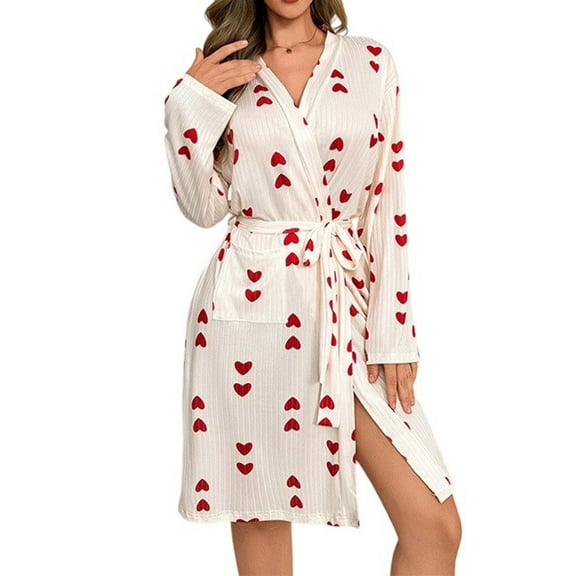 Agkizg Plus Size Women's Cottons Bathrobe,Long Robes for Women's House Robes,Womens Heart Printed Long Sleeve Robe Fall Winter Loungewear Sleepwear Home Wear