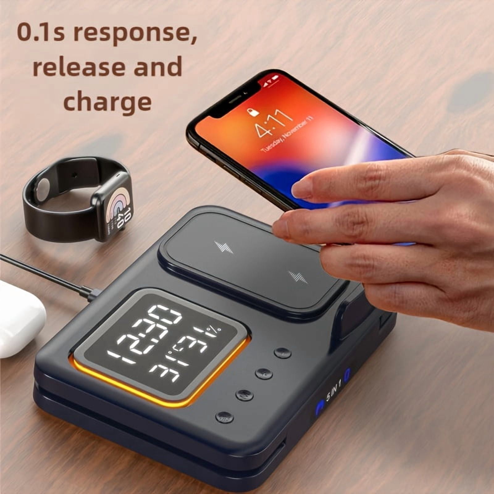 5-In1 Wireless Charging Station Adjustable Night Light, Time And Temperature Display, Ambient Lighting Compatible with Apple Iphones, for Airpods, And Watches Convenient Charging, Smart Experience