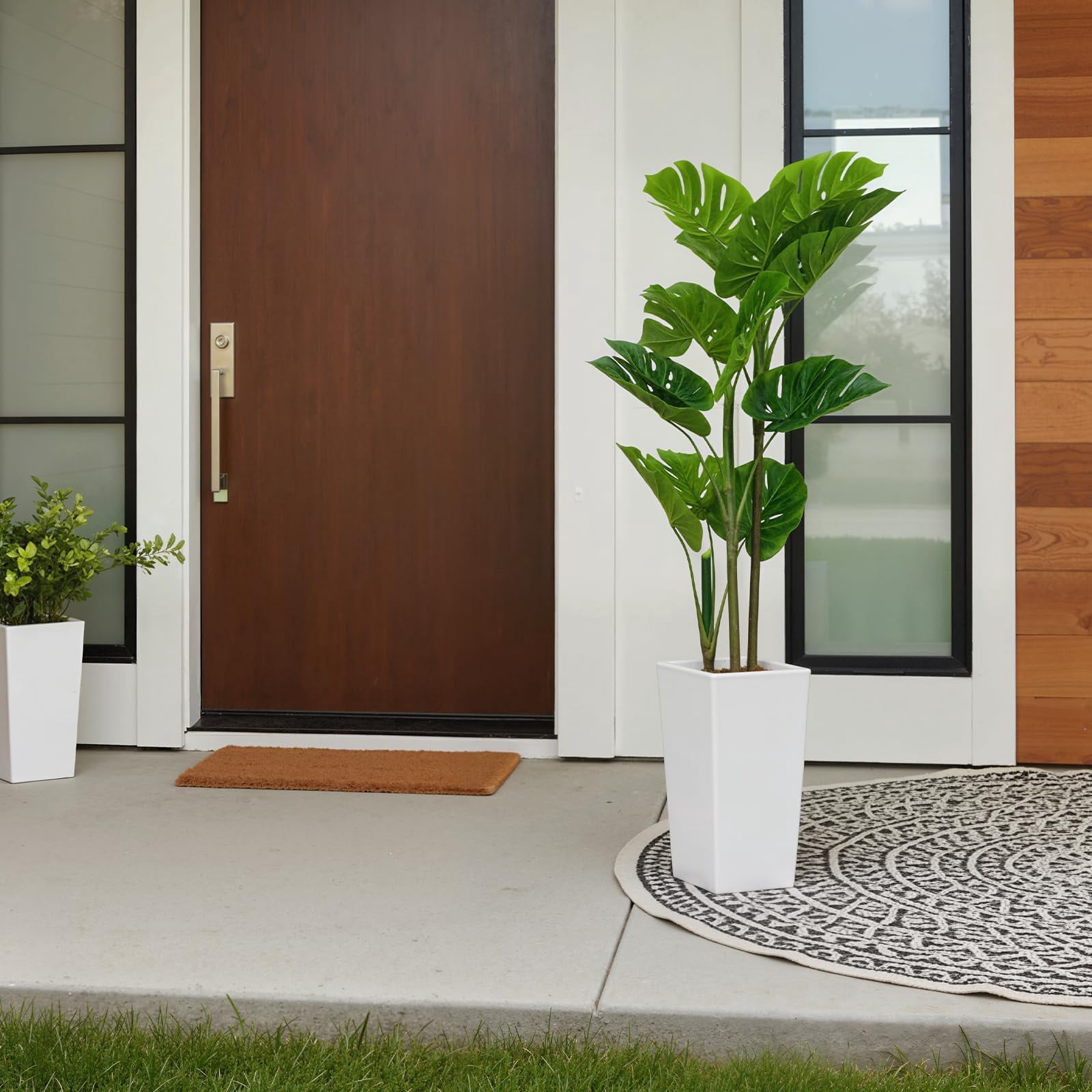 Accreate Faux Banana Tree Artificial Plant, Fake Potted Tropical Evergreen with Tall White Planter for Living Room, Entryway, Porch, or Office