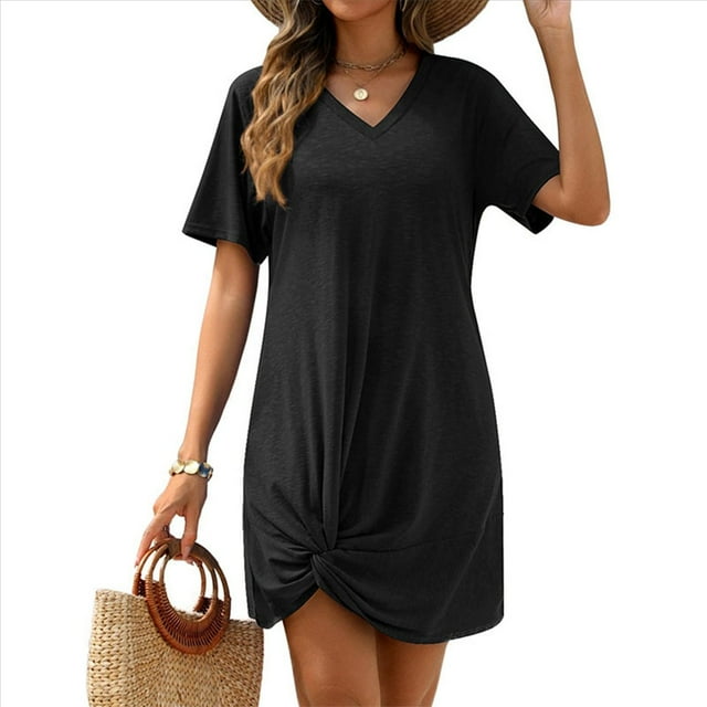 Vestido de Verano para Mujer, con Escote en V y Mangas , Color Negro, Talla XXL