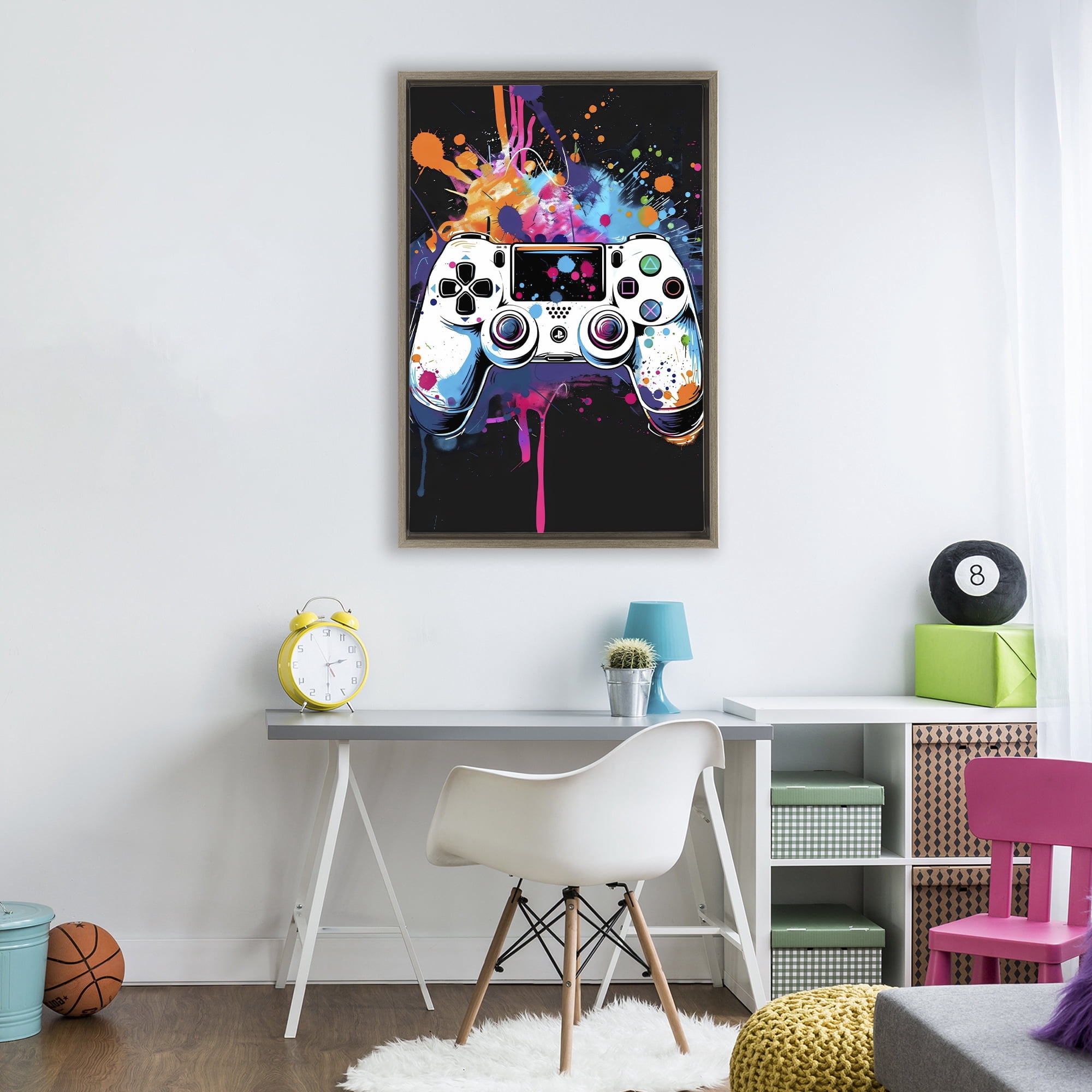 Stupell Industries Controller Contrast with Neon Splatter Brown Framed Floater Canvas Wall Art, design by Creative Studio