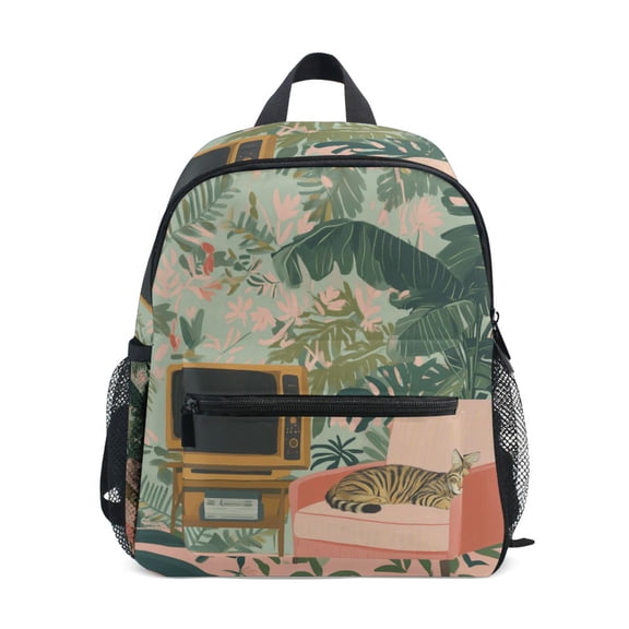 FORMRS School Backpack with Front Zippered Pocket 12" Student Travel Daypack, Pink and Green Cat